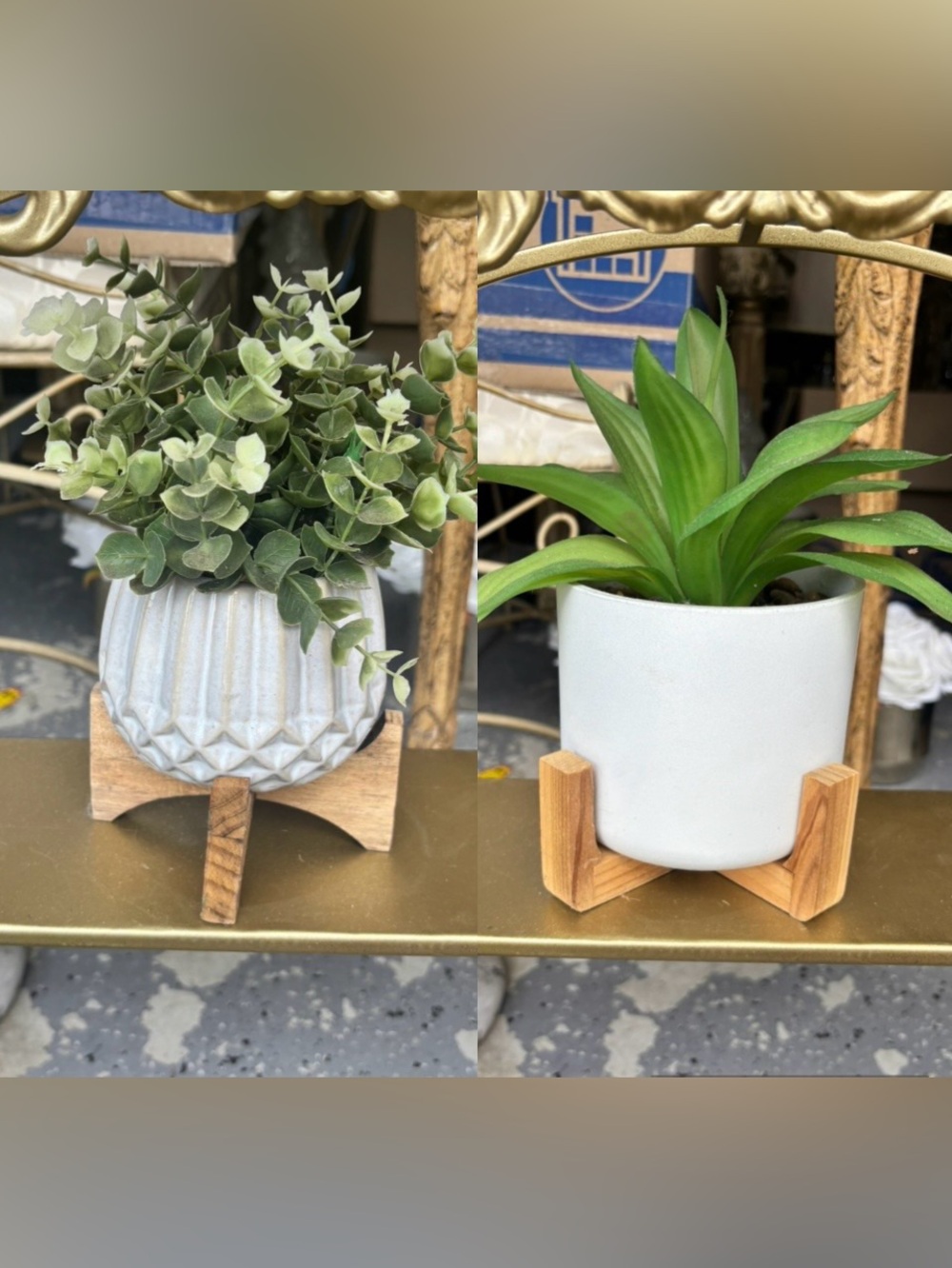 Modern White Ceramic Planter with Natural Wood Stand - Home Accents set of 2